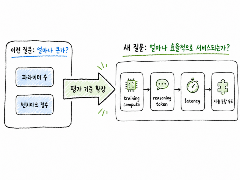 AI 모델 경쟁의 평가 기준이 파라미터 수에서 compute 효율성, reasoning token, latency, 제품 통합 속도로 확장되는 흐름을 보여주는 비교 다이어그램