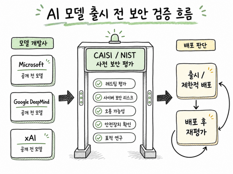 Microsoft, Google DeepMind, xAI의 공개 전 AI 모델이 CAISI/NIST 사전 보안 평가 게이트를 거쳐 배포 판단과 배포 후 모니터링으로 이어지는 흐름도