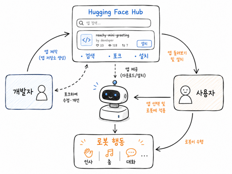 Reachy Mini 앱 생태계가 사용자, 개발자, Hugging Face Hub, 로봇 행동으로 이어지는 구조를 설명하는 손그림 개념도
