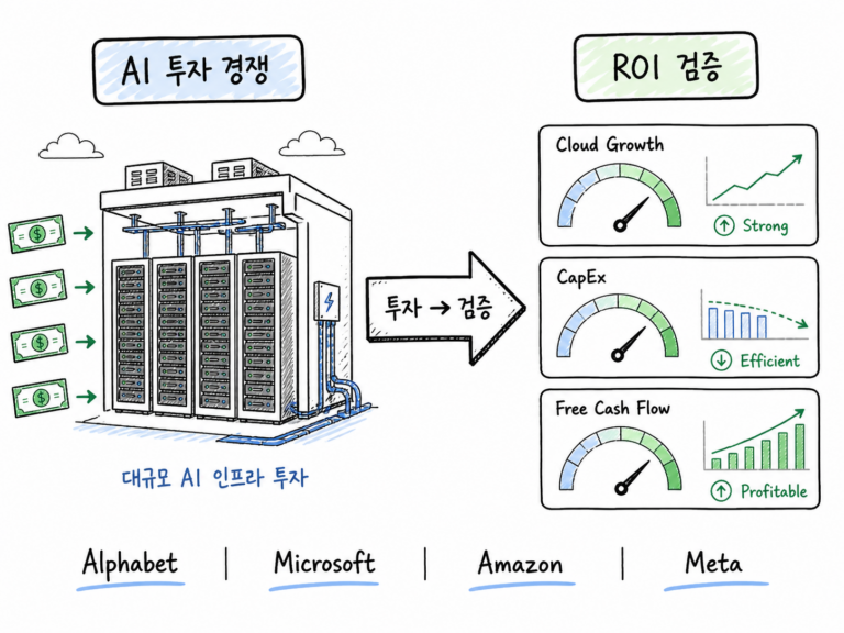 AI 인프라 투자 경쟁이 클라우드 성장과 잉여현금흐름 검증 단계로 이동하는 흐름을 보여주는 개념도