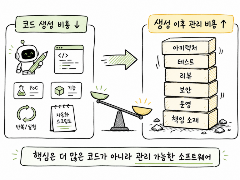 AI 코딩 도구로 코드 생성 비용은 낮아지고 생성 이후 관리 비용은 높아지는 구조를 설명한 Excalidraw 스타일 비교 다이어그램