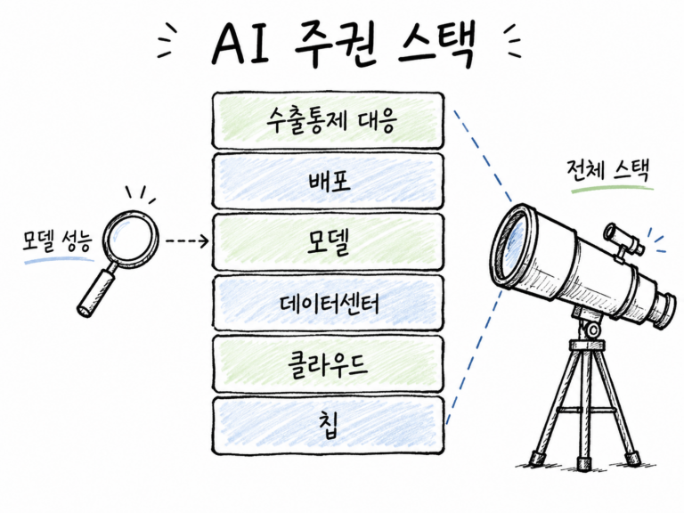 AI 주권을 칩, 클라우드, 데이터센터, 모델, 배포, 수출통제 대응으로 나누어 보여주는 스택형 다이어그램