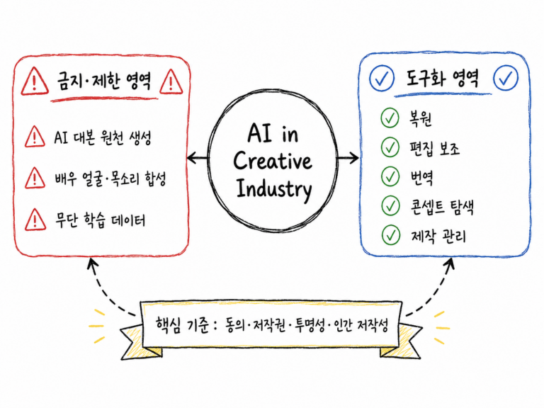 창작 산업에서 AI를 금지할 영역과 도구로 활용할 영역을 나누는 개념도