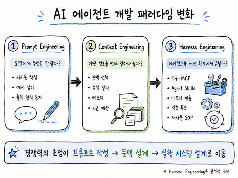 Prompt Engineering에서 Context Engineering, Harness Engineering으로 이동하는 AI 에이전트 개발 패러다임 변화 다이어그램