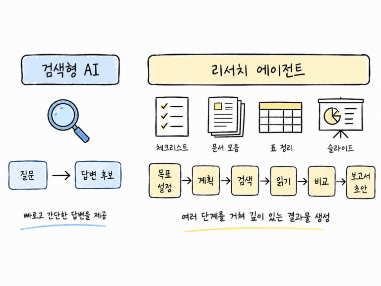 검색형 AI와 리서치 에이전트의 차이를 보여주는 개념도