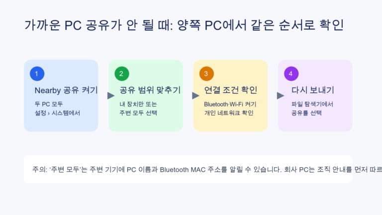 두 Windows PC에서 Nearby 공유를 켜고 공유 범위, Bluetooth와 Wi-Fi, 개인 네트워크를 차례로 확인한 뒤 다시 전송하는 4단계 흐름도